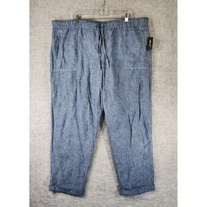 Lord & Taylor 100% Linen Ankle Pants Womens 3X Blue Pull On Drawstring Cuff NEW